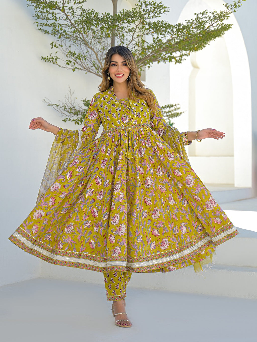 Mustard Hand Block Anarkali Kurta Pant Set With Dupatta