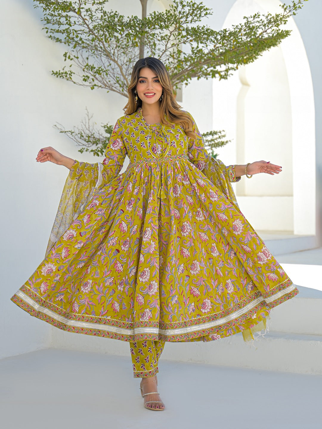 Mustard Hand Block Anarkali Kurta Pant Set With Dupatta