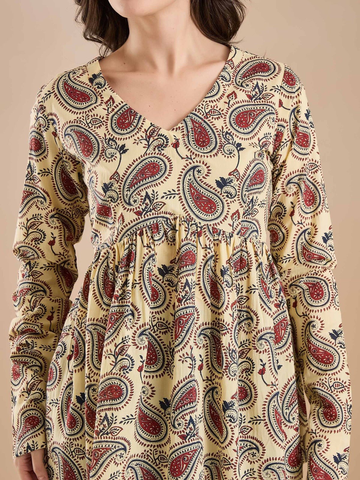 Paisley Print Pure Cotton Peplum Fit Cream Top