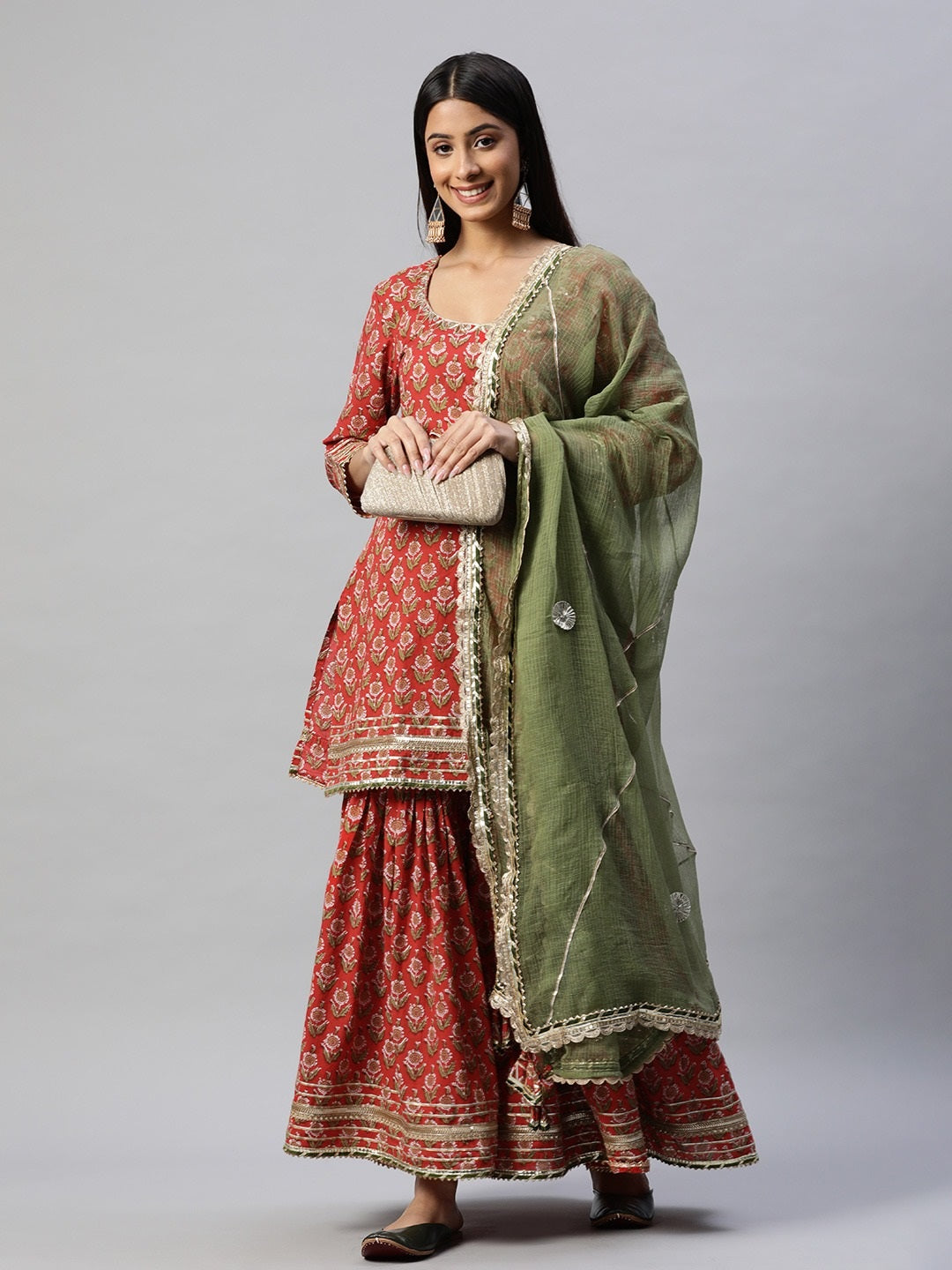 Red Dabu Printed Kurta Sharara Set with Kota Doria Dupatta