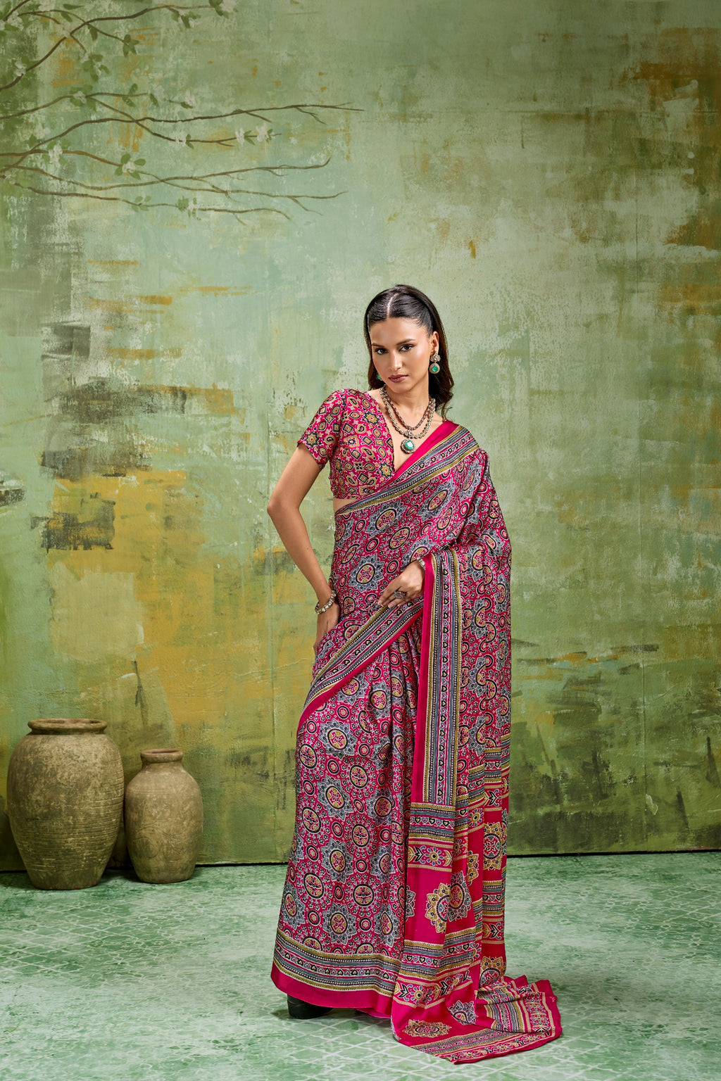 Premium Modal Satin Ajrakh Printed Saree with Matching Blouse