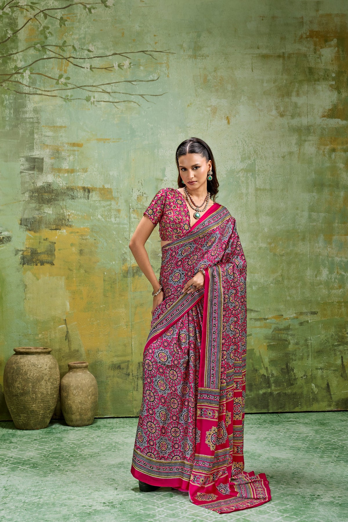 Premium Modal Satin Ajrakh Printed Saree with Matching Blouse
