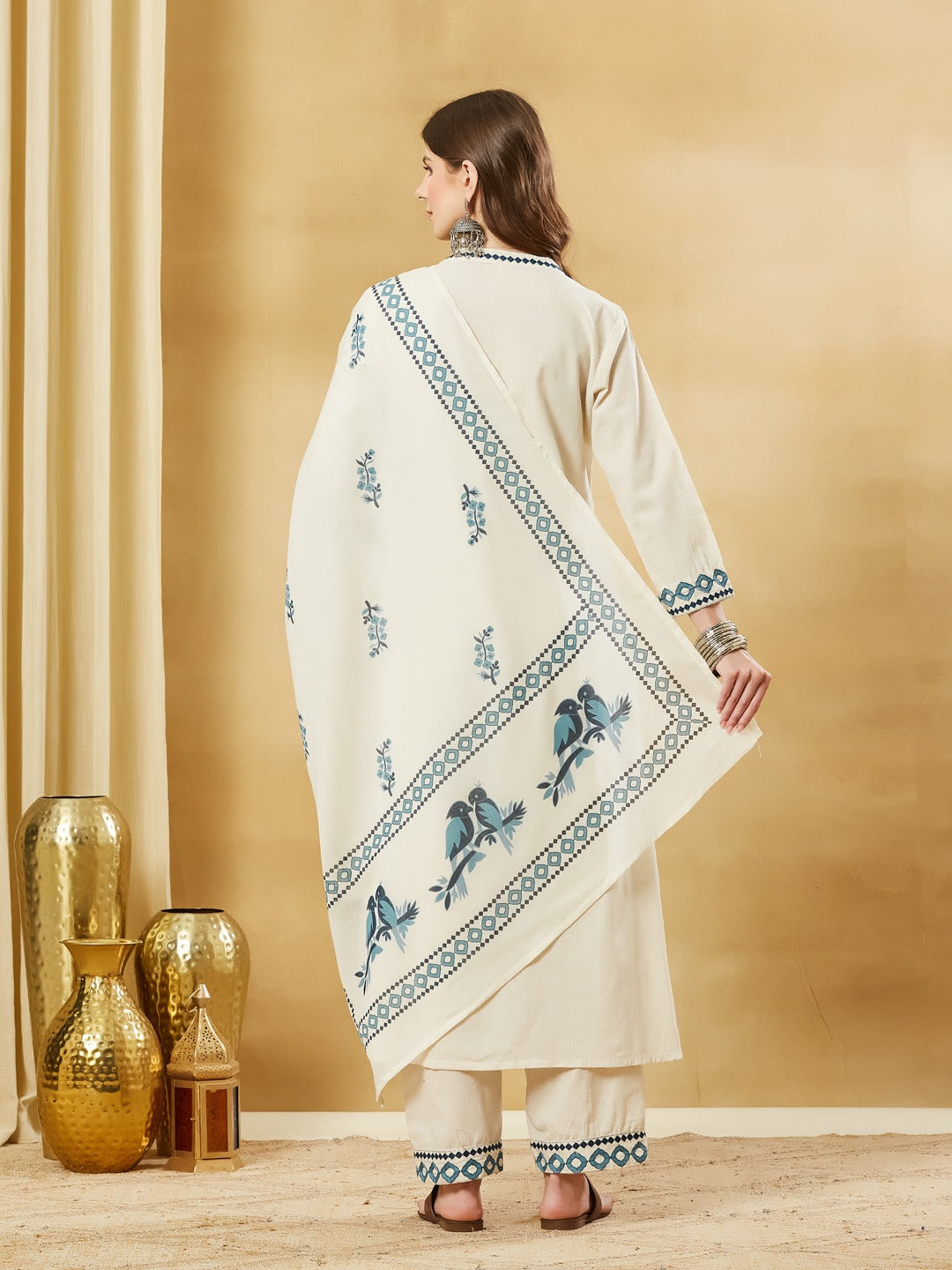 Off White Blue Embroidery Kurta Pant Set