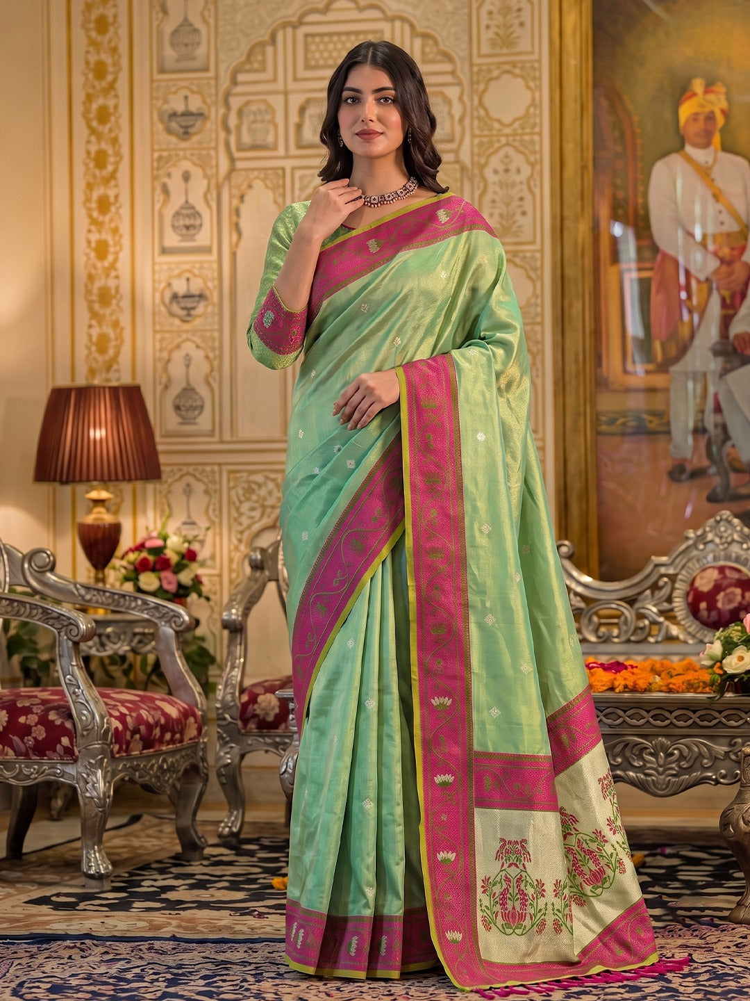 Exquisite Tissue Silk Saree with Intricate Designer Pallu & Woven Border