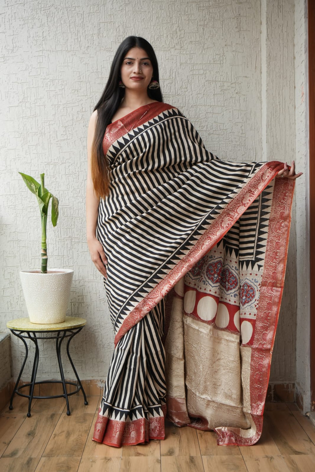 Pure Dola Silk Ajrakh Hand Block Printed Saree with Elegant Printed Blouse