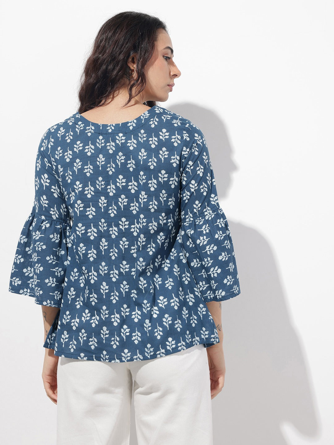 Blue Floral Round Neck Peplum Top