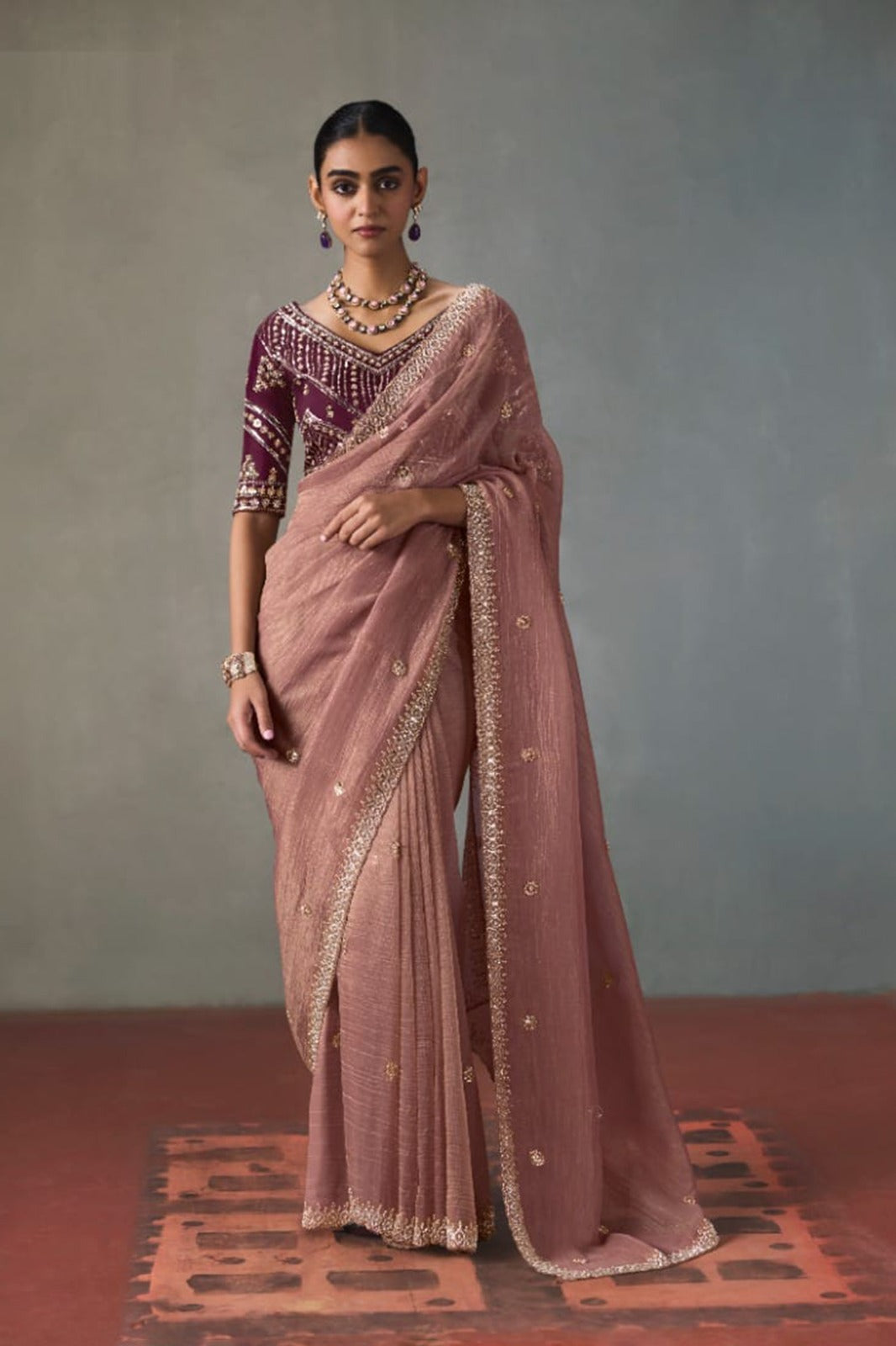 Embellished Sheer Silk Saree with Heavy Contrast Work Blouse