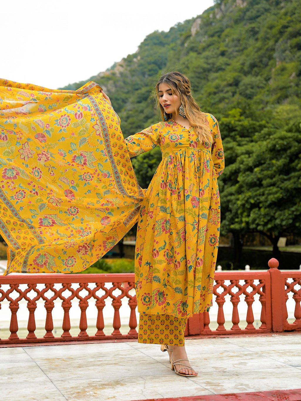 Mustard Yellow Floral Printed Pure Cotton Flared Anarkali Kurta Set with Palazzo & Dupatta
