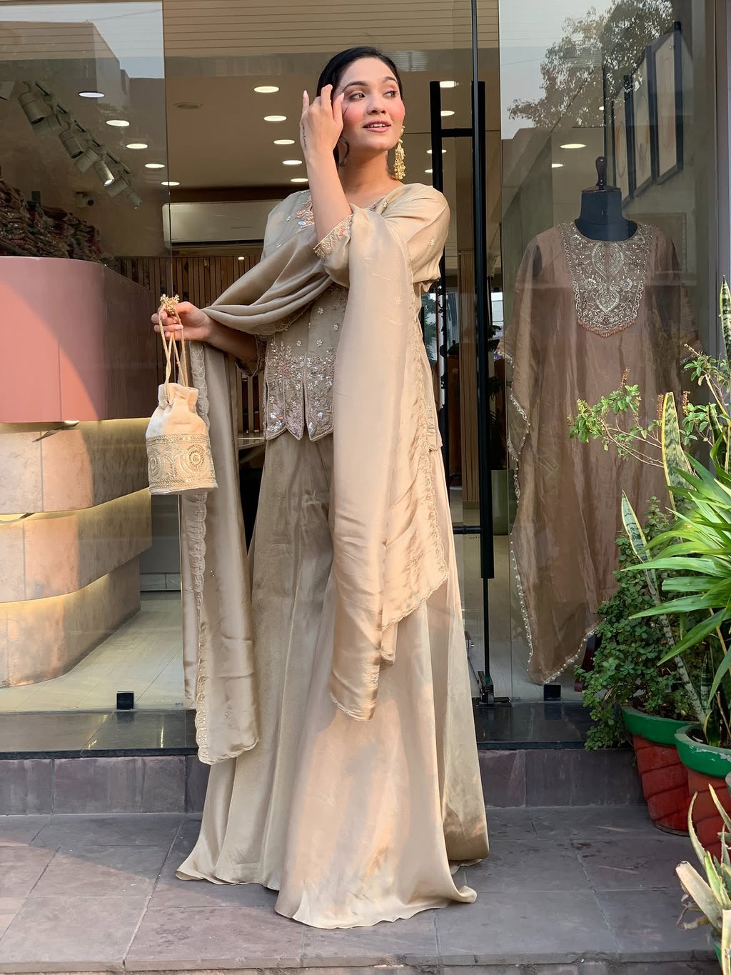 Champagne Gold Shimmer Silk Sharara Set | Hand-Embroidered Festive Suit