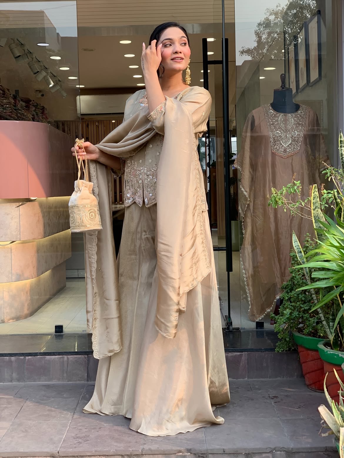 Champagne Gold Shimmer Silk Sharara Set | Hand-Embroidered Festive Suit