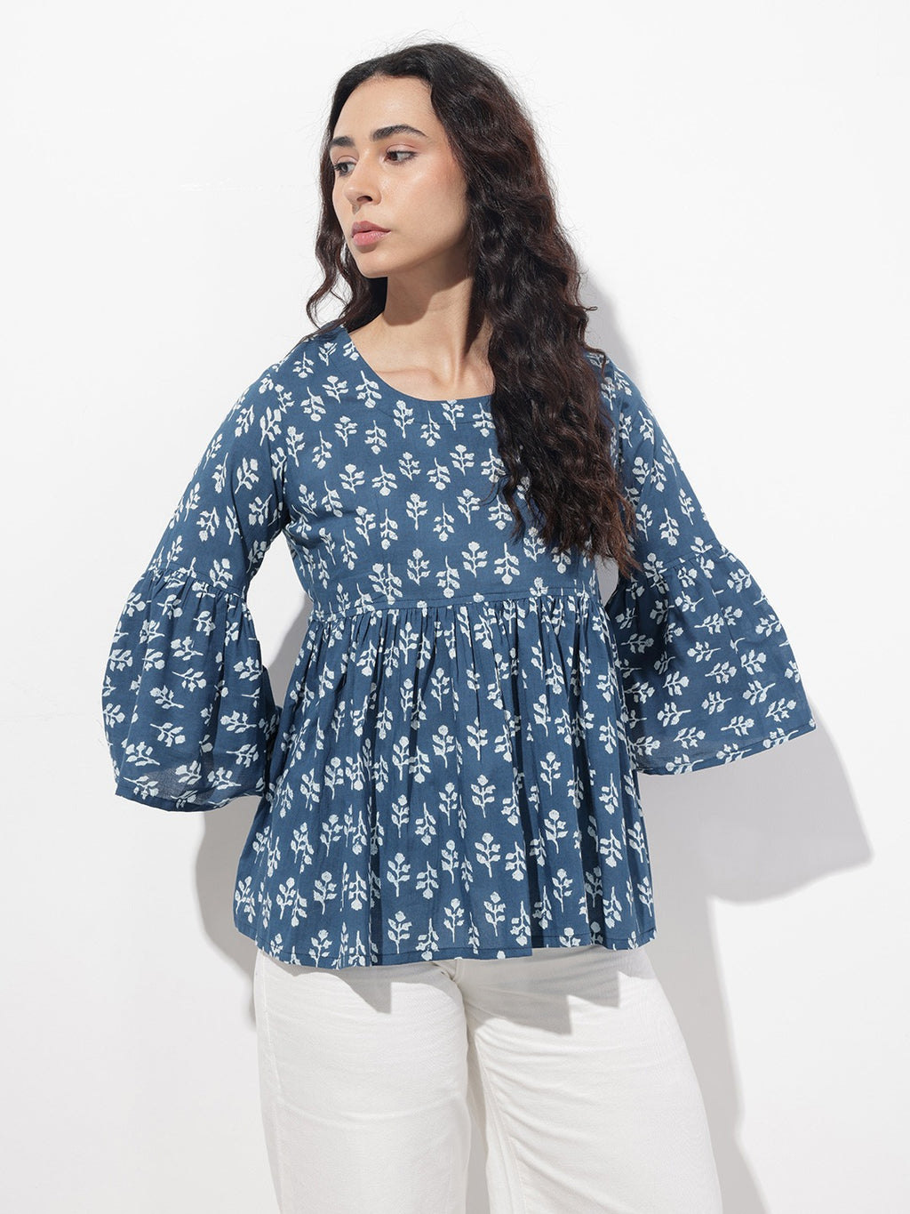 Blue Floral Round Neck Peplum Top