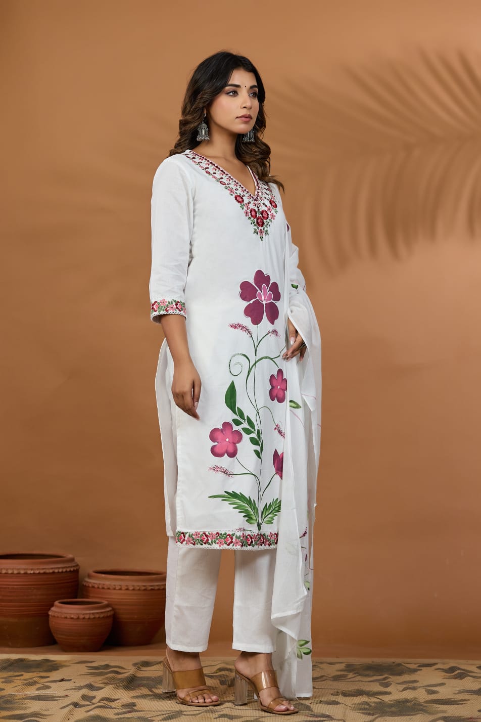 Handcrafted Mal Cotton Floral Embroidered Suit Set