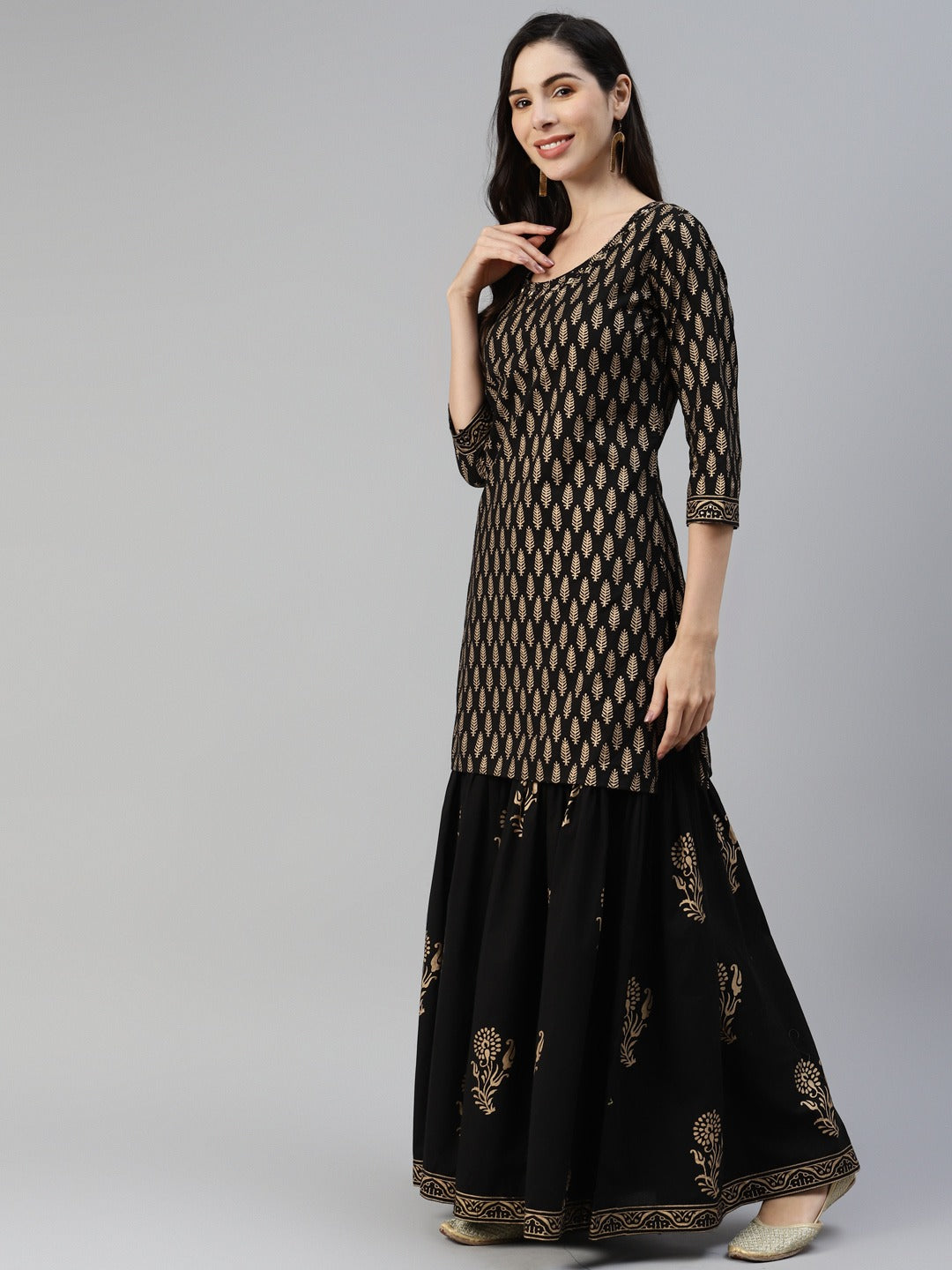 Glam Up Your Festive Look: Gotta Patti Black & Gold Kurta Sharara Set