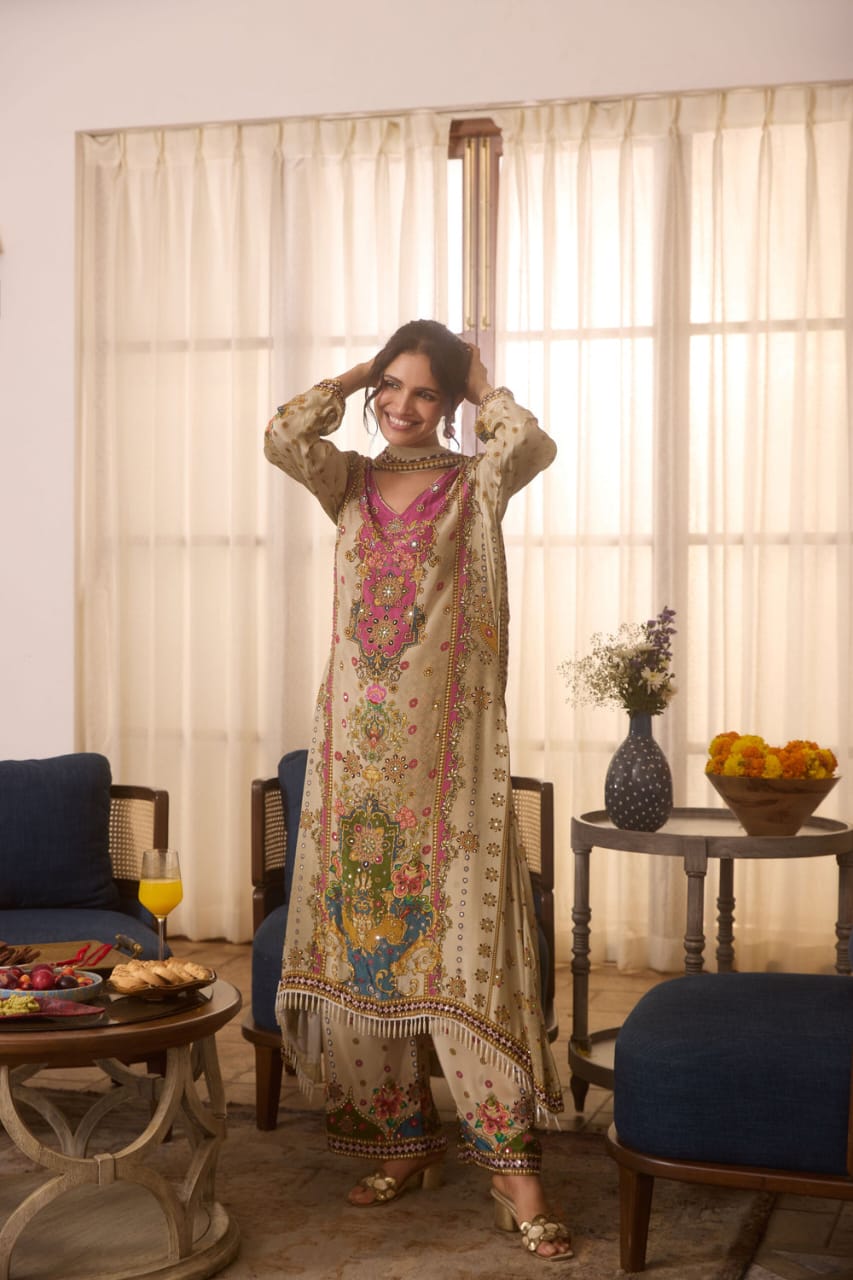 Muslin Cotton Dual-Tone Anarkali Sharara Set with Pearl Necklace