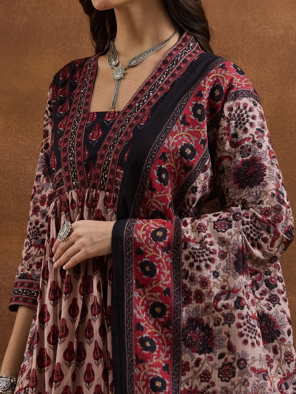 Dusty Pink Floral Printed Cotton Anarkali Kurta Set with Pants & Dupatta