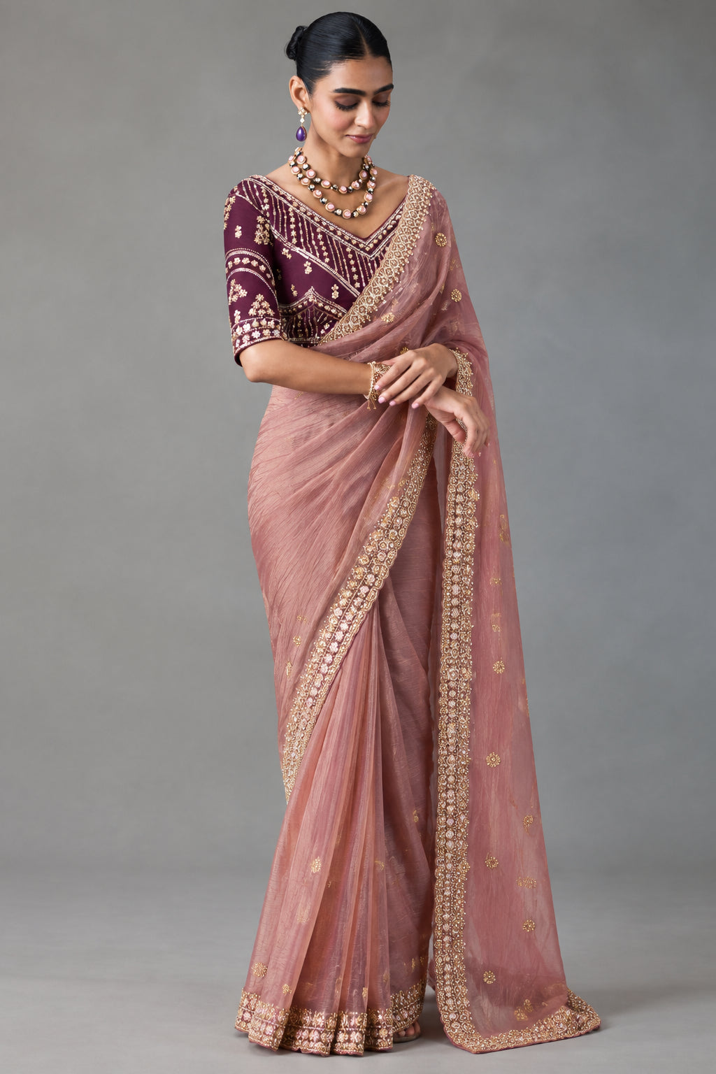 Embellished Sheer Silk Saree with Heavy Contrast Work Blouse