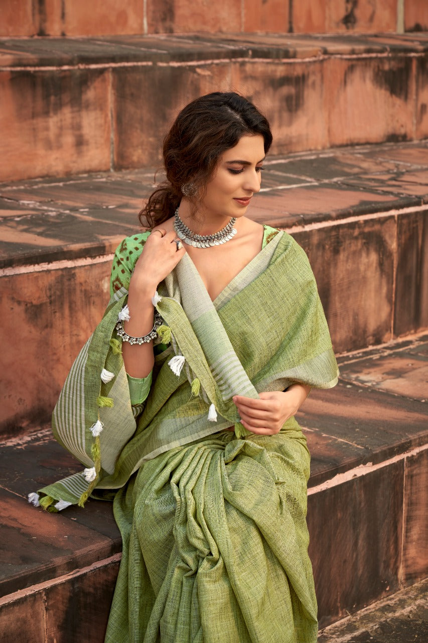 Timeless Elegance Meets Organic Luxury: Soft Linen Silk Sarees with Textured Khadi Work & Designer Blouse Piece