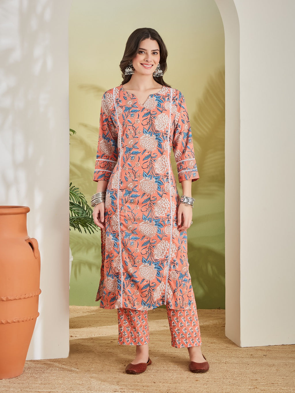 Floral Printed Straight Fit Pure Cotton Orange Kurta with Trousers & Dupatta