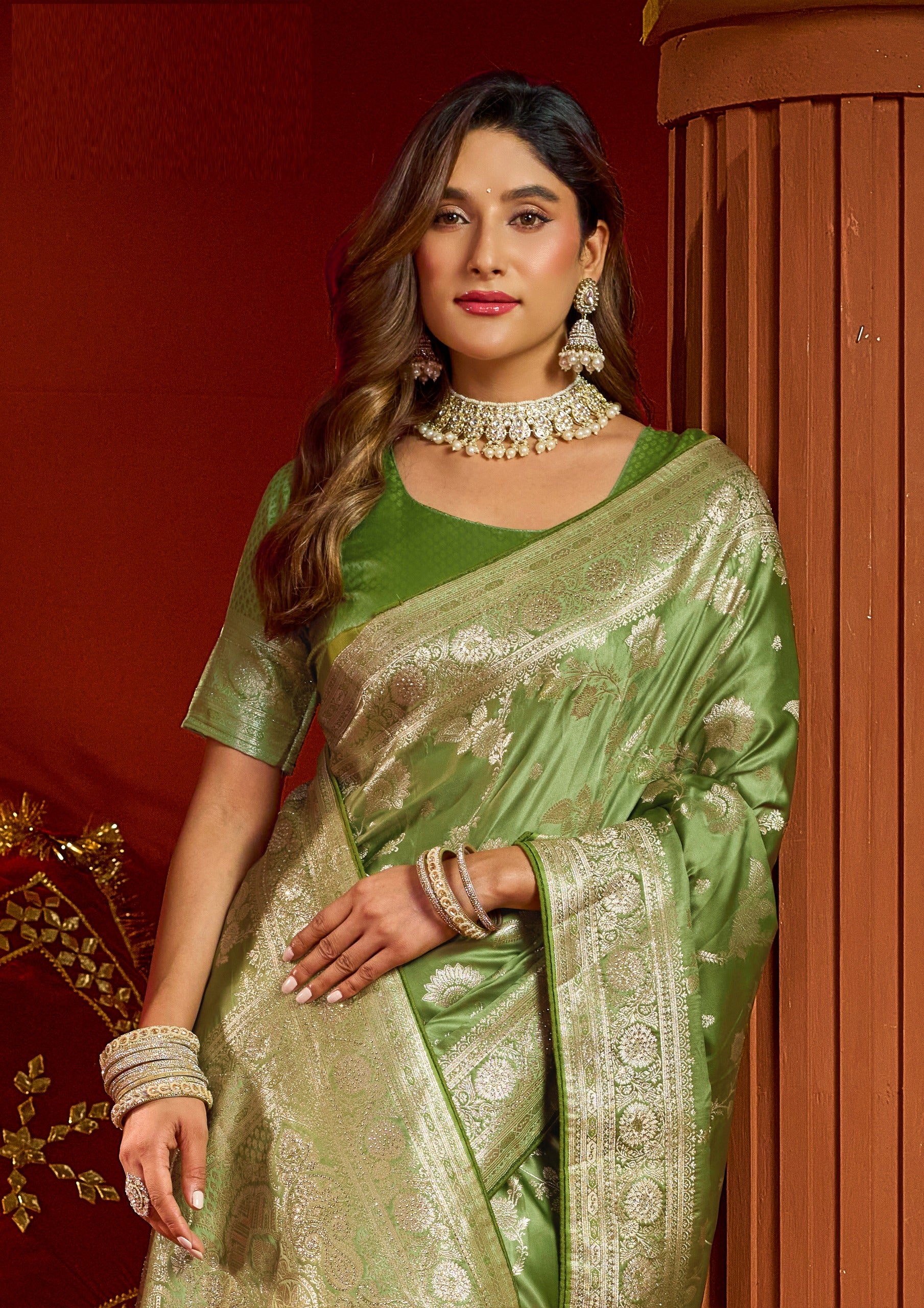 Royal Satin Silk Saree with Intricate Swarovski Work & Fancy Border | Designer Festive Collection