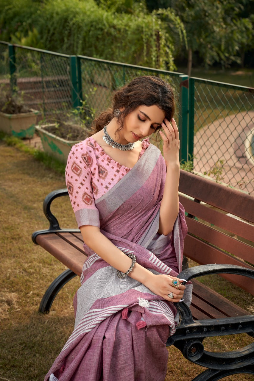 Timeless Elegance Meets Organic Luxury: Soft Linen Silk Sarees with Textured Khadi Work & Designer Blouse Piece