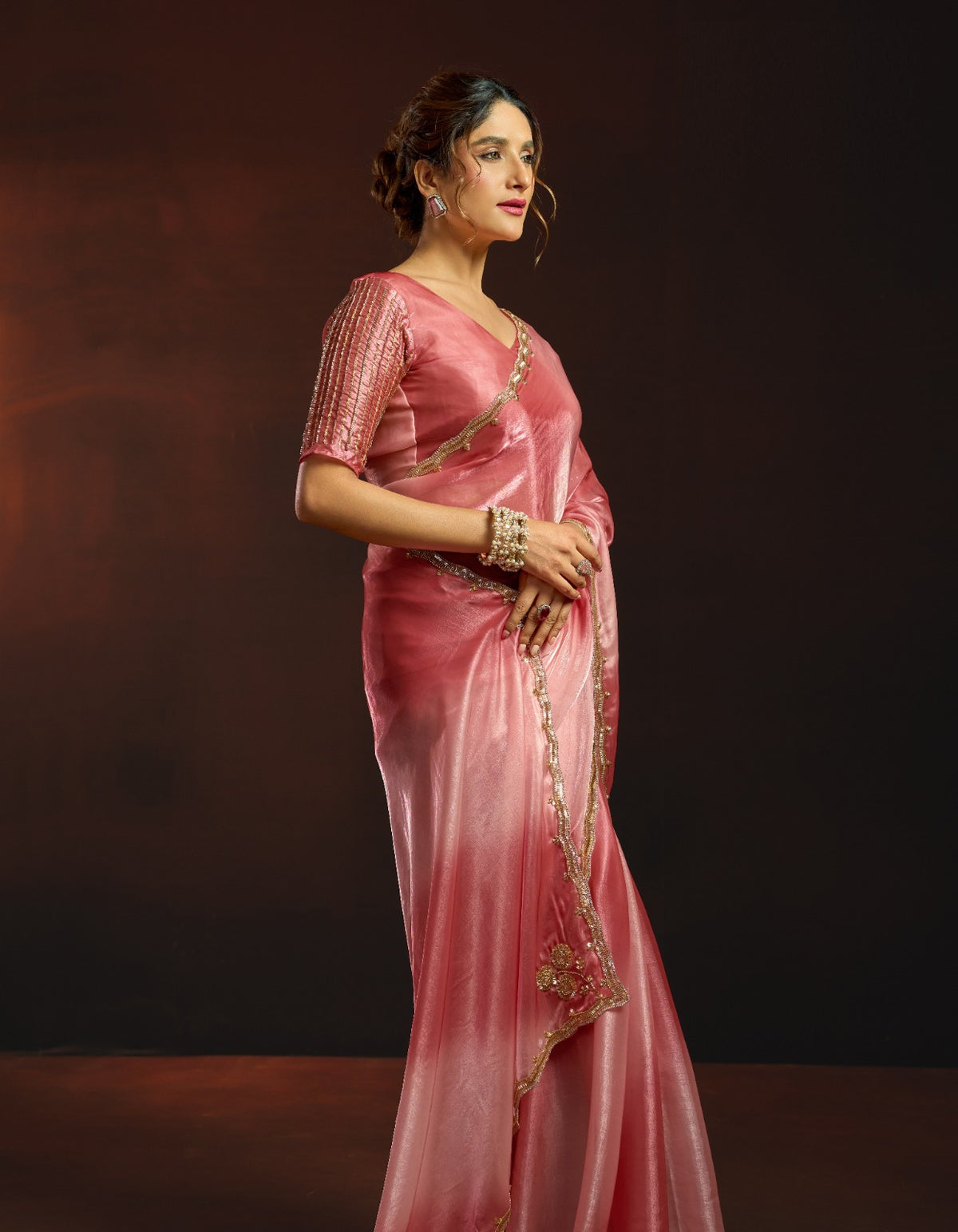 Dual-Tone Digital Shaded Fandy Satin Saree with Intricate Beadwork Border