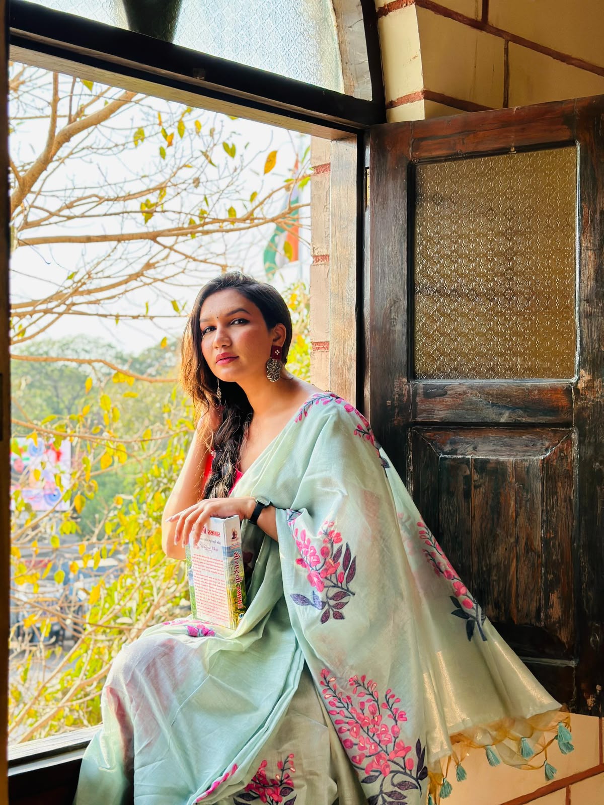 Premium Soft Muga Silk Saree with All-Over Floral Weaving & Contrast Blouse