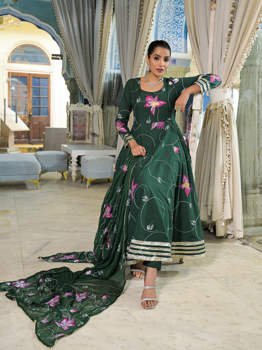 Dark Green Hand Painted Anarkali Kurta Pant With Dupatta