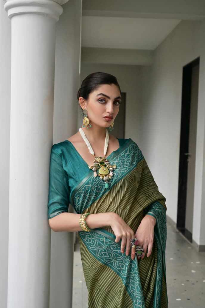 Soft Desi Tussar Silk Saree with Traditional Ikkat Pallu & Tassels