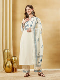 Off White Blue Embroidery Kurta Pant Set