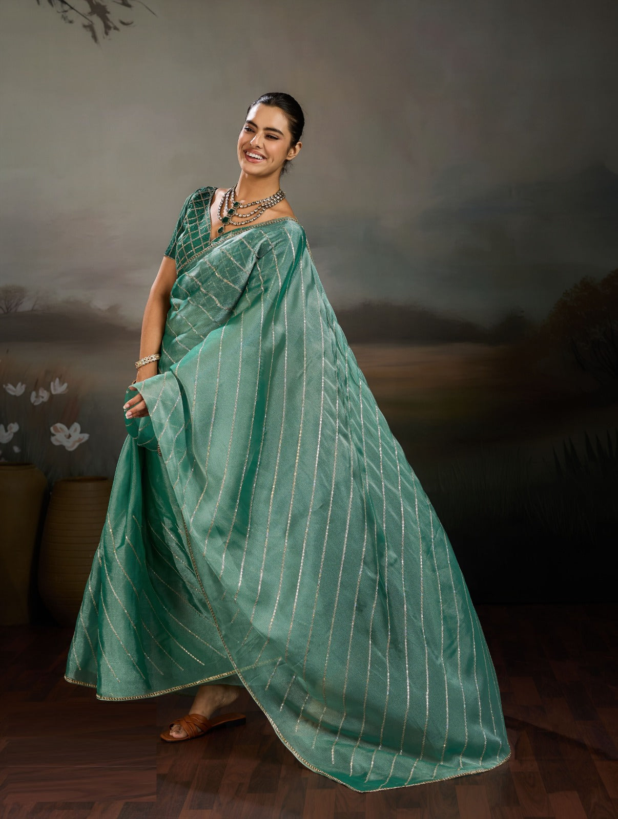 Grainy Moss Chiffon Saree with Cutdana Border & Heavy Embroidered Blouse