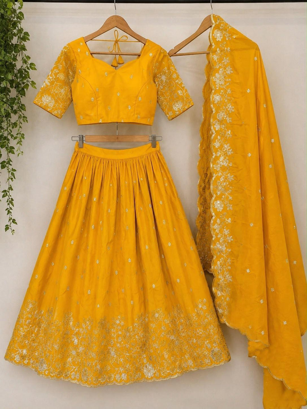Embroidered Sindoori Silk Lehenga Set | Yellow & Teal Festive Suit