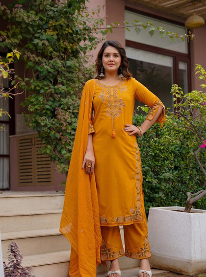 Heavy Embroidered Cotton Kurti Set with Embroidered Plazo, Pocket & Matching Dupatta