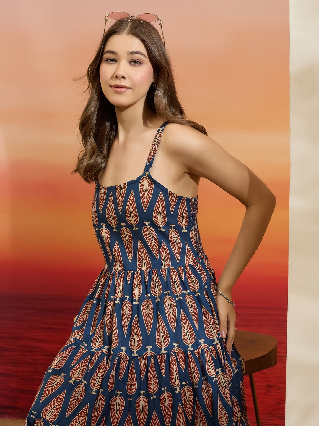 Blue Leaf-Print Pure Cotton Fit & Flare Dress with Pom-Pom Lace