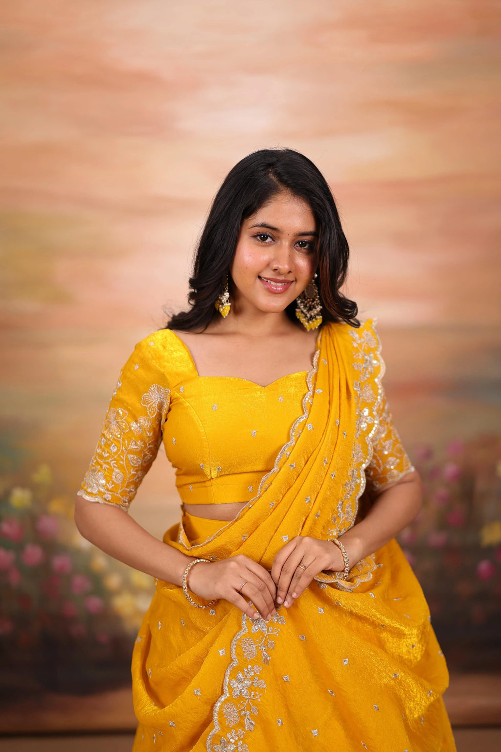 Embroidered Sindoori Silk Lehenga Set | Yellow & Teal Festive Suit