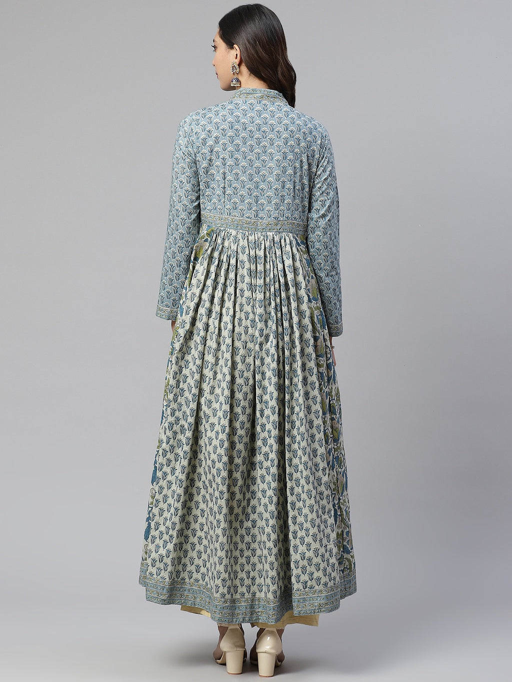 Elegant Flared Cotton Block Print Kurta with Sequin Work