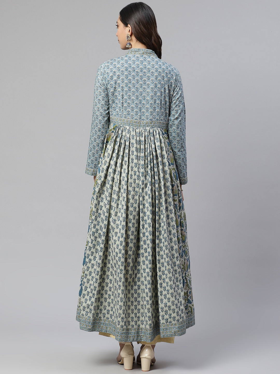 Elegant Flared Cotton Block Print Kurta with Sequin Work