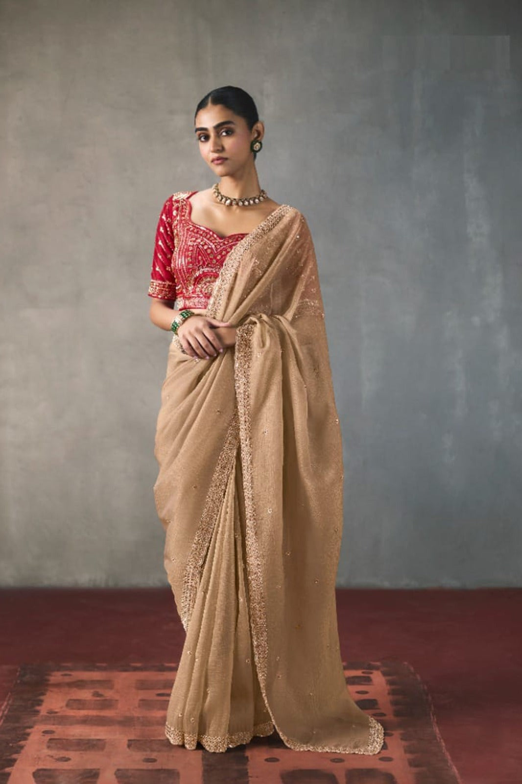 Embellished Sheer Silk Saree with Heavy Contrast Work Blouse