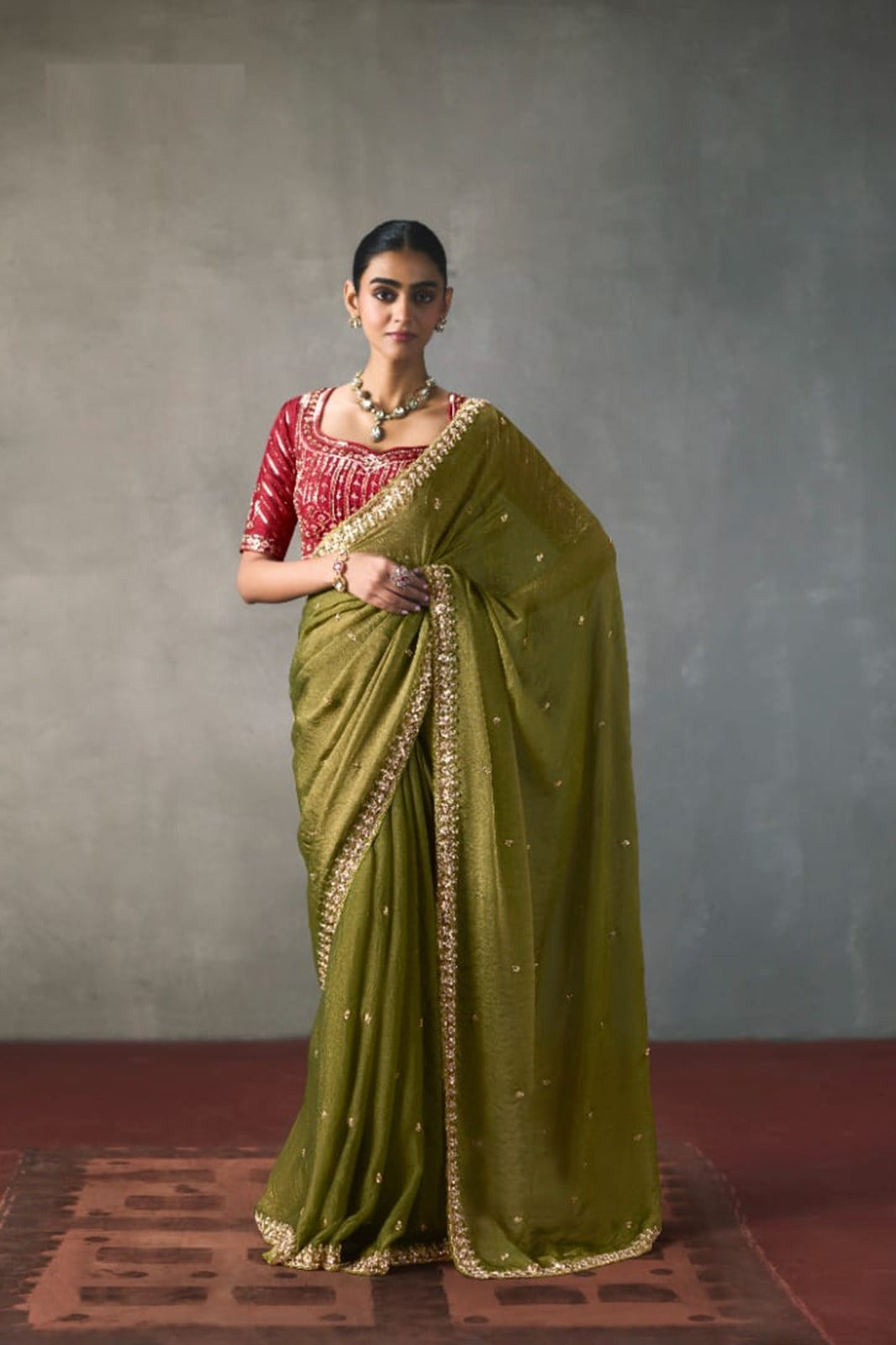 Embellished Sheer Silk Saree with Heavy Contrast Work Blouse