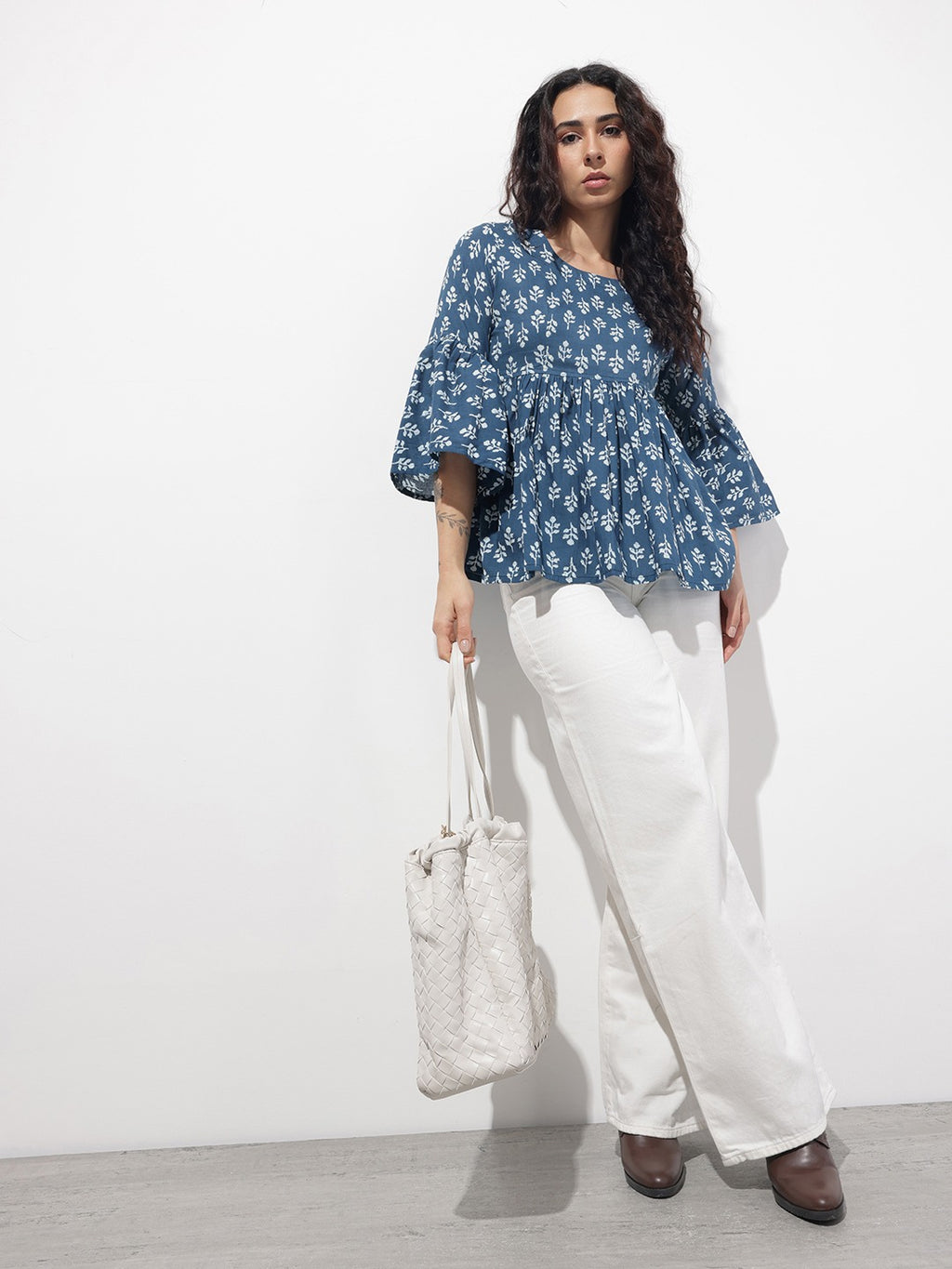 Blue Floral Round Neck Peplum Top