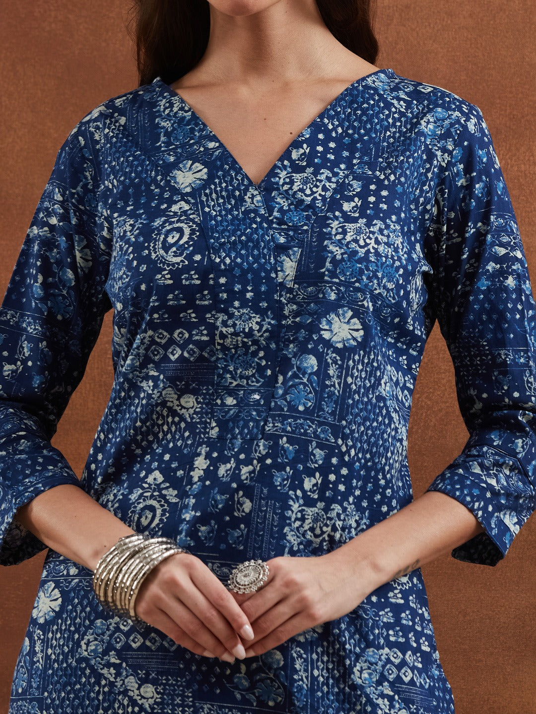 Deep Navy Blue Floral & Geometric Printed Cotton Kurta Pant Set