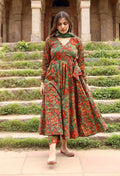 Ethereal Grace: English Green Floral Cotton Angrakha Anarkali Set with Scalloped Kota Doria Dupatta