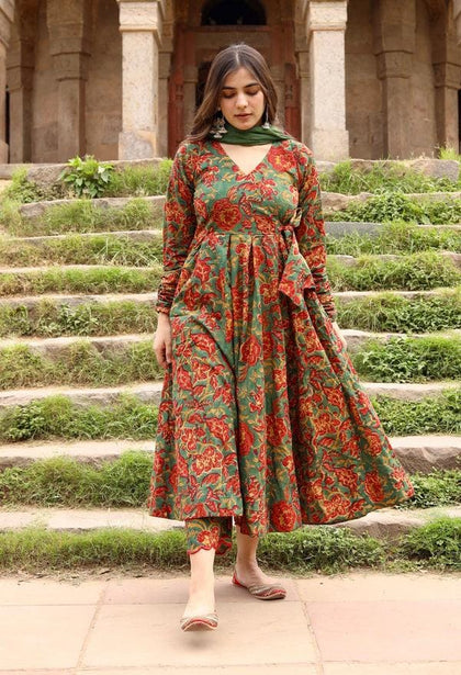 Ethereal Grace: English Green Floral Cotton Angrakha Anarkali Set with Scalloped Kota Doria Dupatta