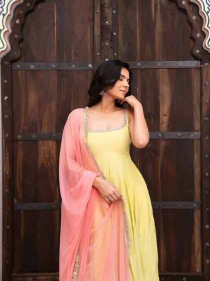 Pastel Yellow Georgette Anarkali Set with Peach Dupatta | Silver Lace