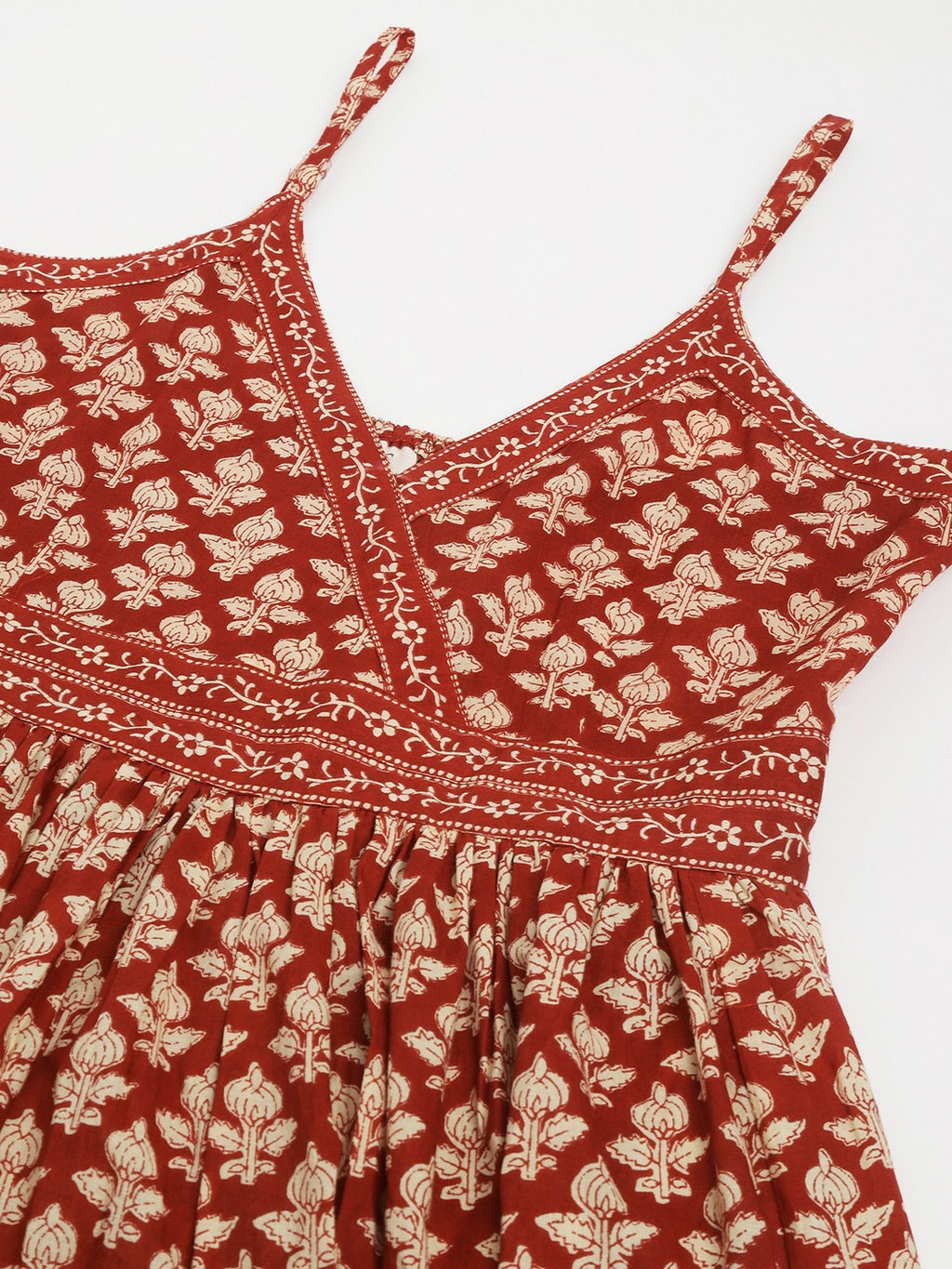 Maroon Floral Tiered Cotton Dress with Sweetheart Neck