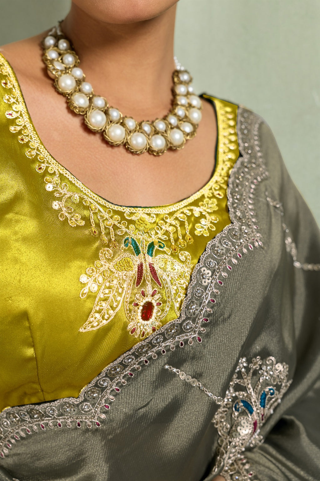 Premium Self-Stripe Giraffe Saree with Handcrafted Butta & Contrast Satin Blouse