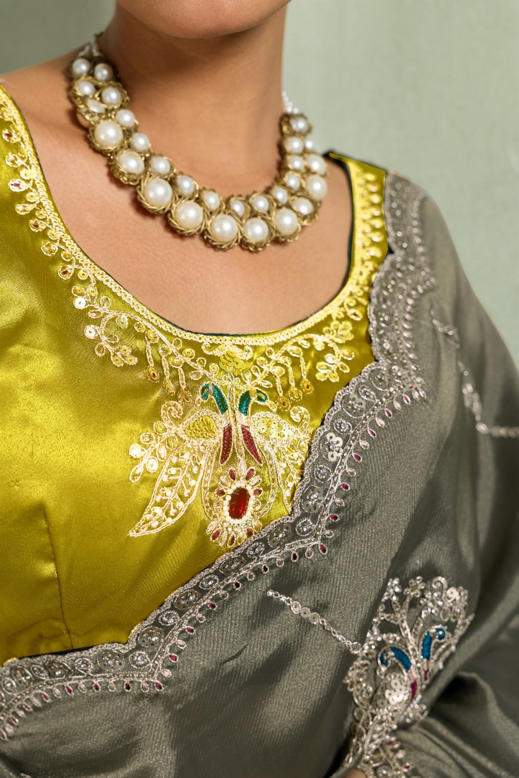Premium Self-Stripe Giraffe Saree with Handcrafted Butta & Contrast Satin Blouse