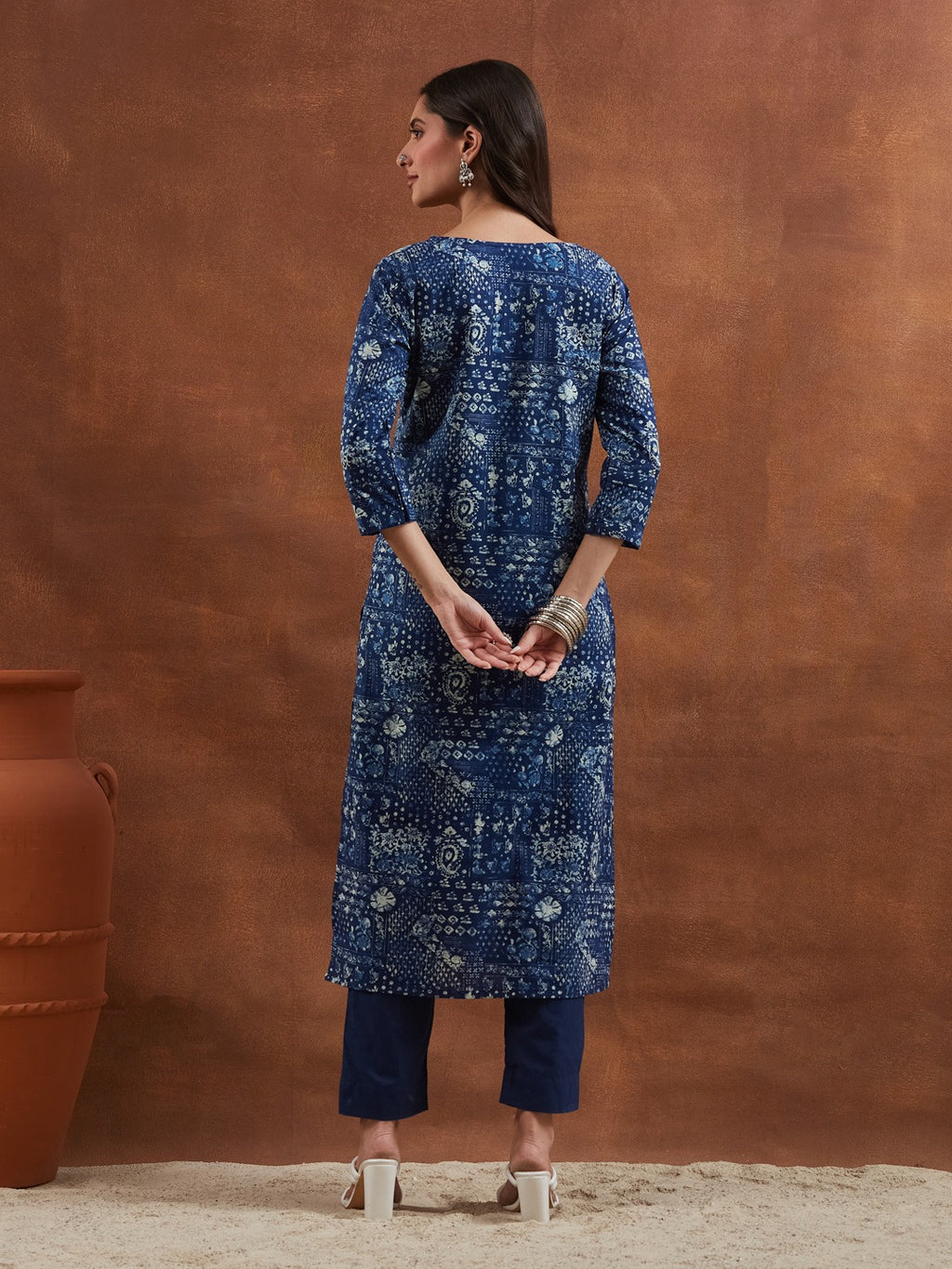 Deep Navy Blue Floral & Geometric Printed Cotton Kurta Pant Set