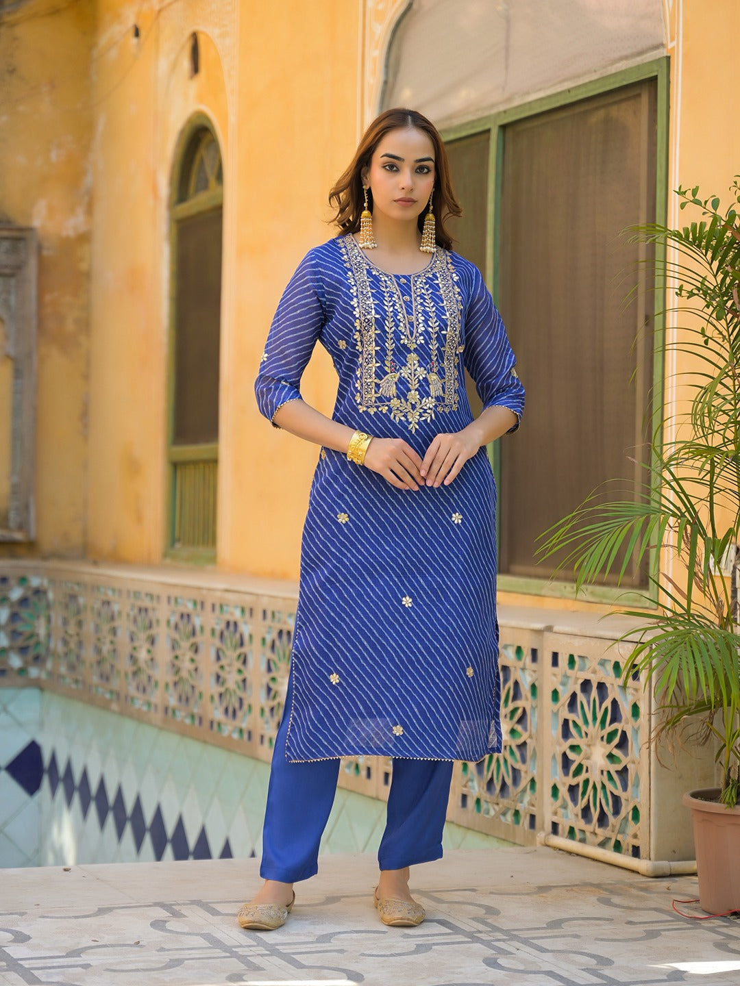 Women Leheriya Gota Patti & Zari Work Blue Kurta With Pants & Dupatta