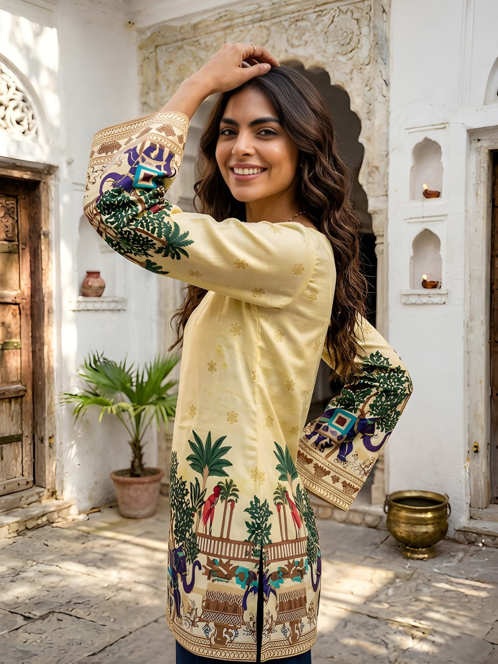 Radiant Heritage: Off-White Cotton Kalamkari Tunic with Yellow Glow