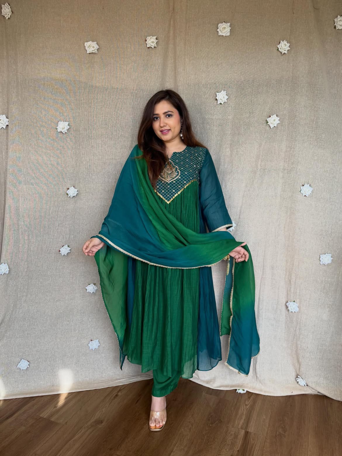 Pure Handcrafted Royalty! 2-Tone Green Mal Chanderi Anarkali 4-Piece Set